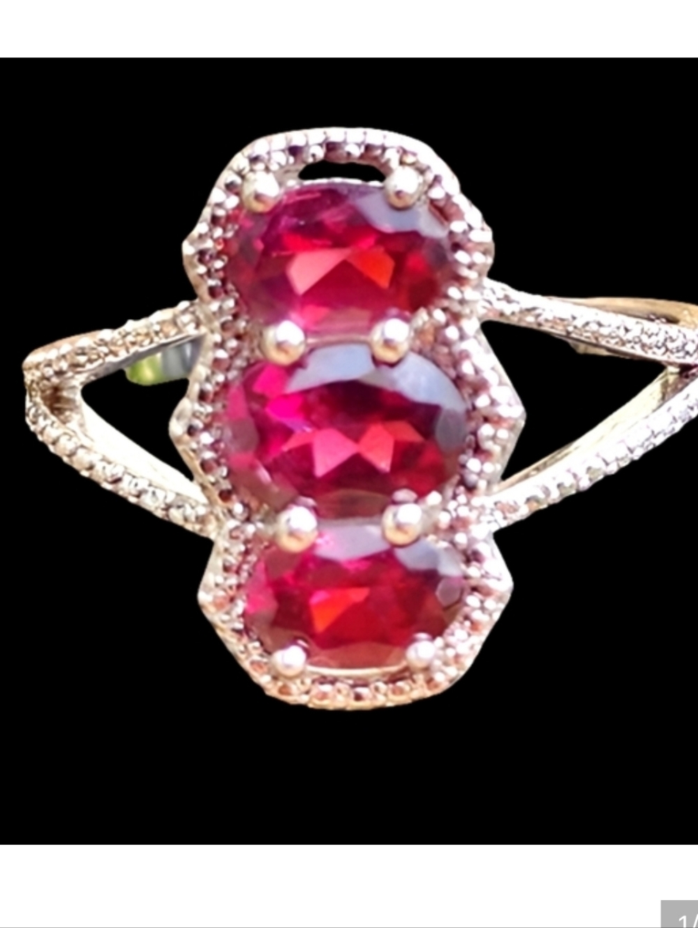 Vintage Sterling Silver Three-Stone Ring Rich Pink Red Stones Size 8 Art Deco